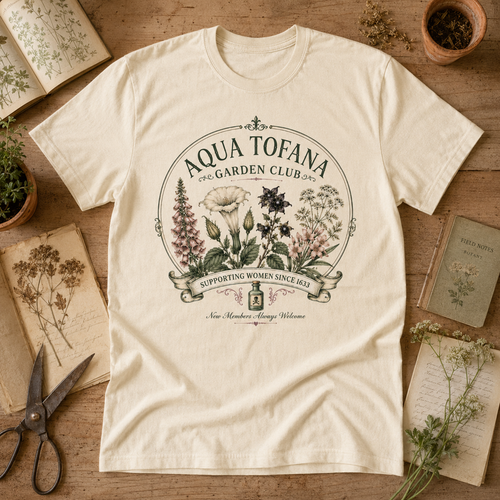 Aqua Tofana Garden Club vintage botanical unisex graphic tee flat lay