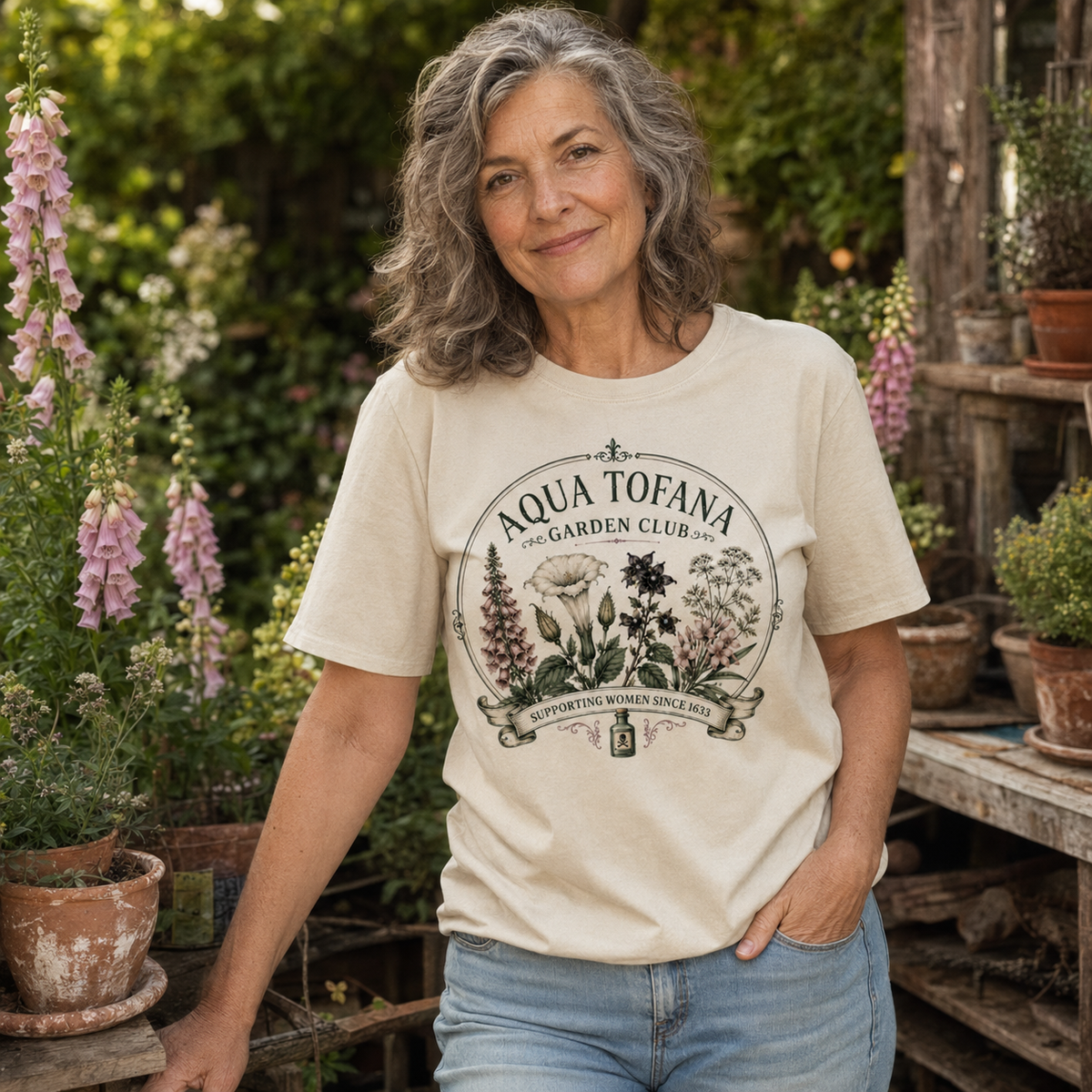 Woman wearing Aqua Tofana Garden Club vintage botanical dark humor graphic tee