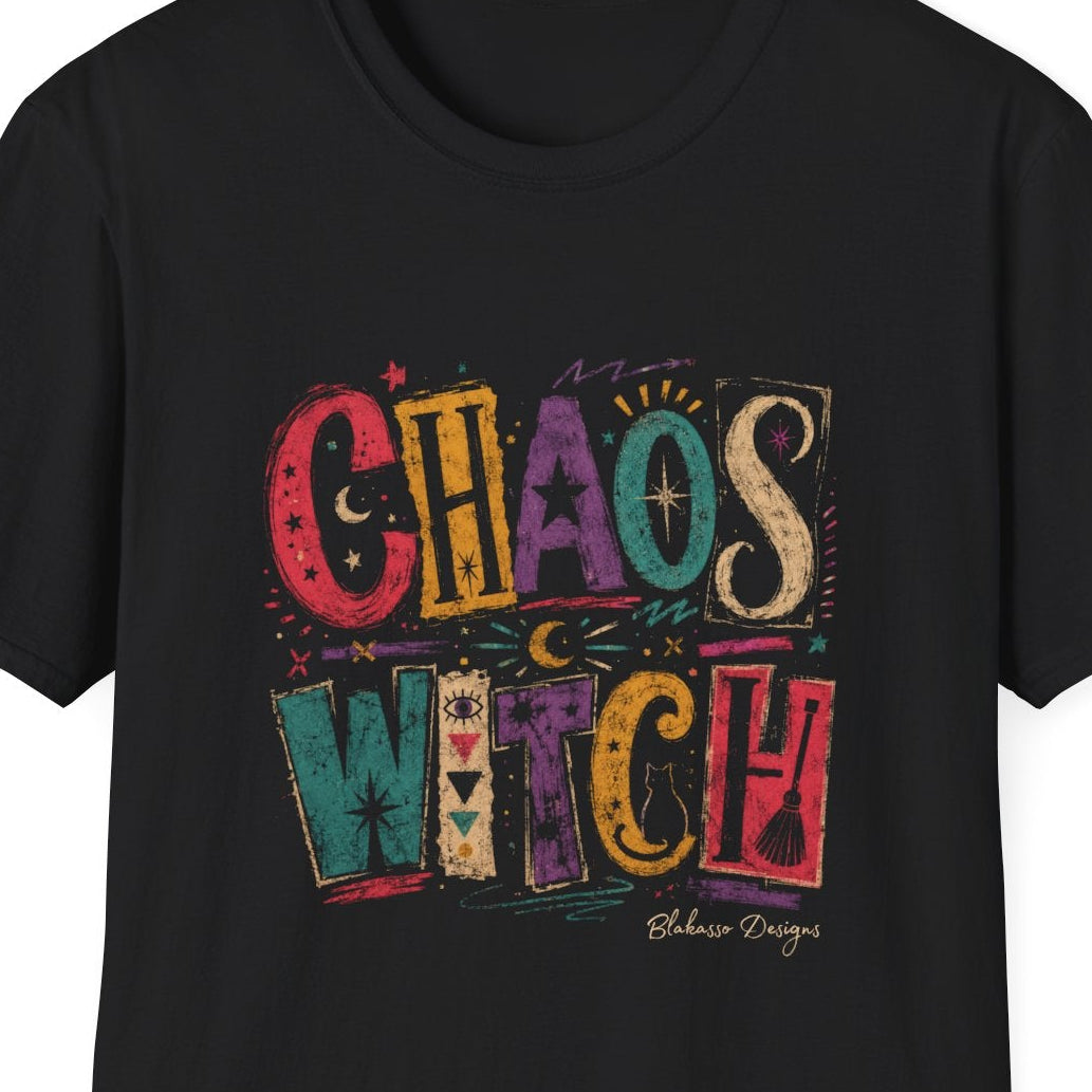 Close-up of the Chaos Witch design with distressed multicolor lettering, stars, moons, abstract symbols, a cat, and broom details.