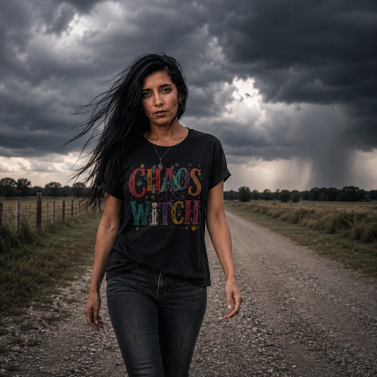 Woman wearing a black Chaos Witch T-shirt while walking along a rural road with storm clouds building in the background.