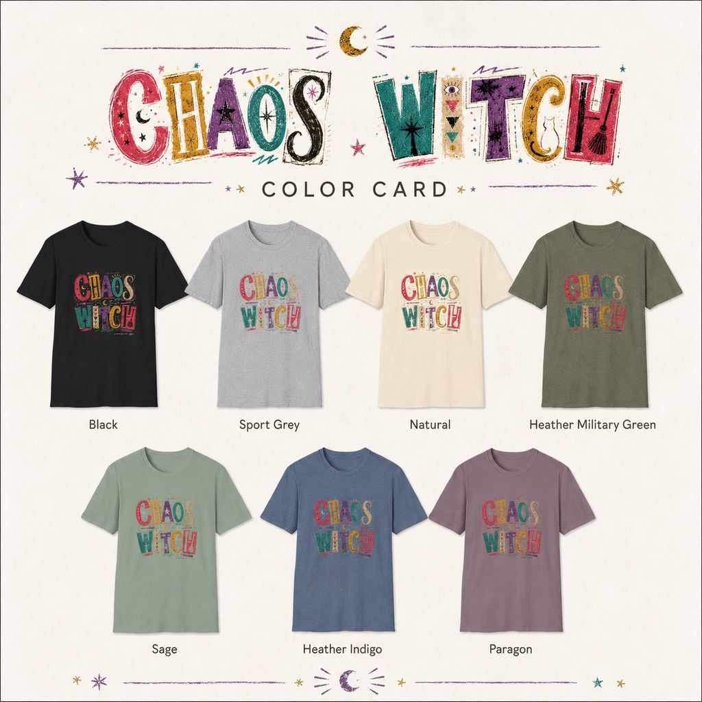 Chaos Witch T-shirt shown in Black, Sport Grey, Natural, Sage, Heather Indigo, and Paragon.