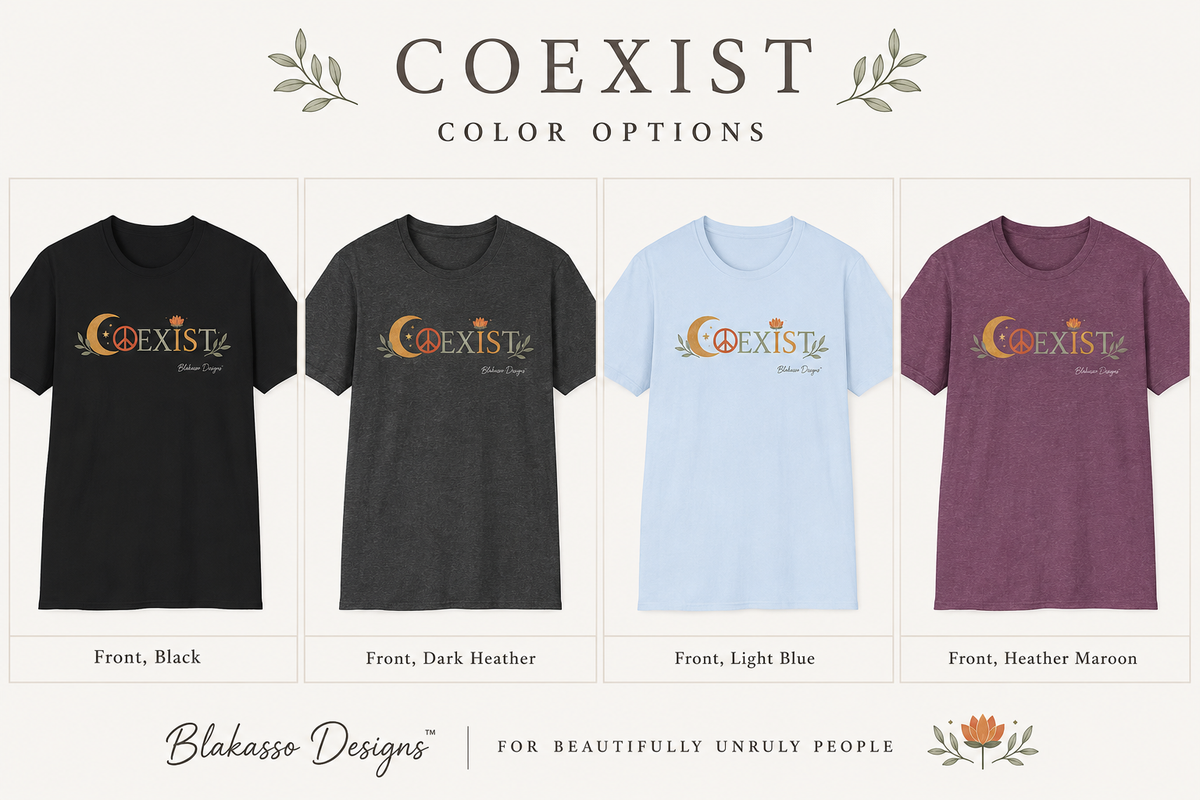 COEXIST unisex T-shirt color options in Black, Dark Heather, Light Blue, and Heather Maroon.