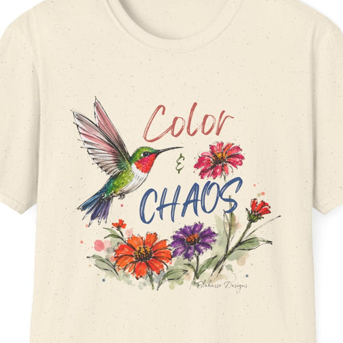 Close up of Color & Chaos hummingbird and watercolor flower shirt design