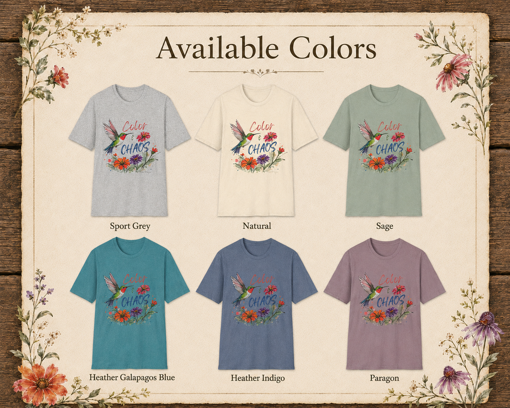 Available colors for Color & Chaos hummingbird garden graphic tee