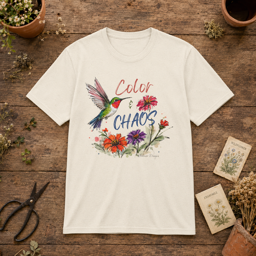 Color & Chaos hummingbird and watercolor flower unisex graphic tee flat lay