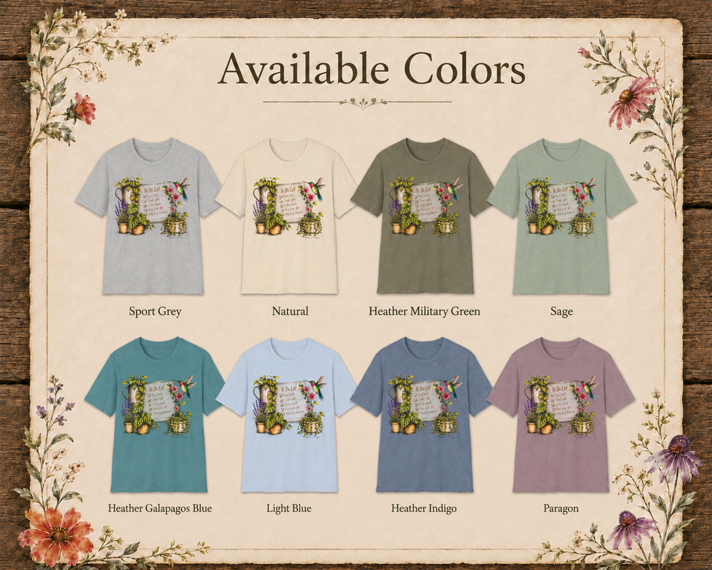 Available colors for Cozy Garden To Do List unisex graphic tee