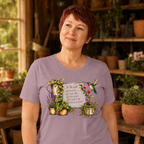 Woman wearing Cozy Garden To Do List books coffee plants birds graphic tee