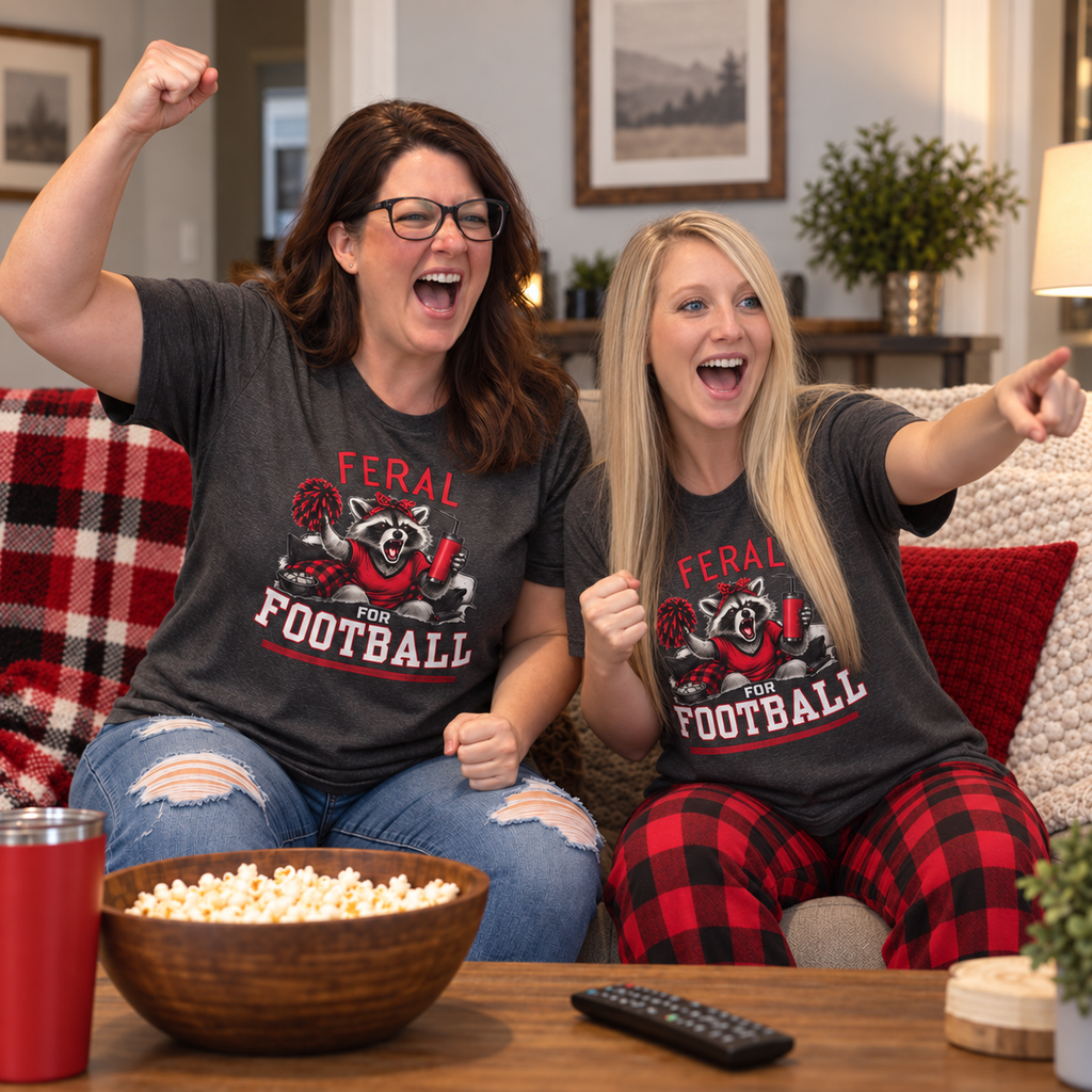 Women wearing a dark heather Feral for Football Georgia raccoon T shirt while cheering and yelling at the TV during game day.