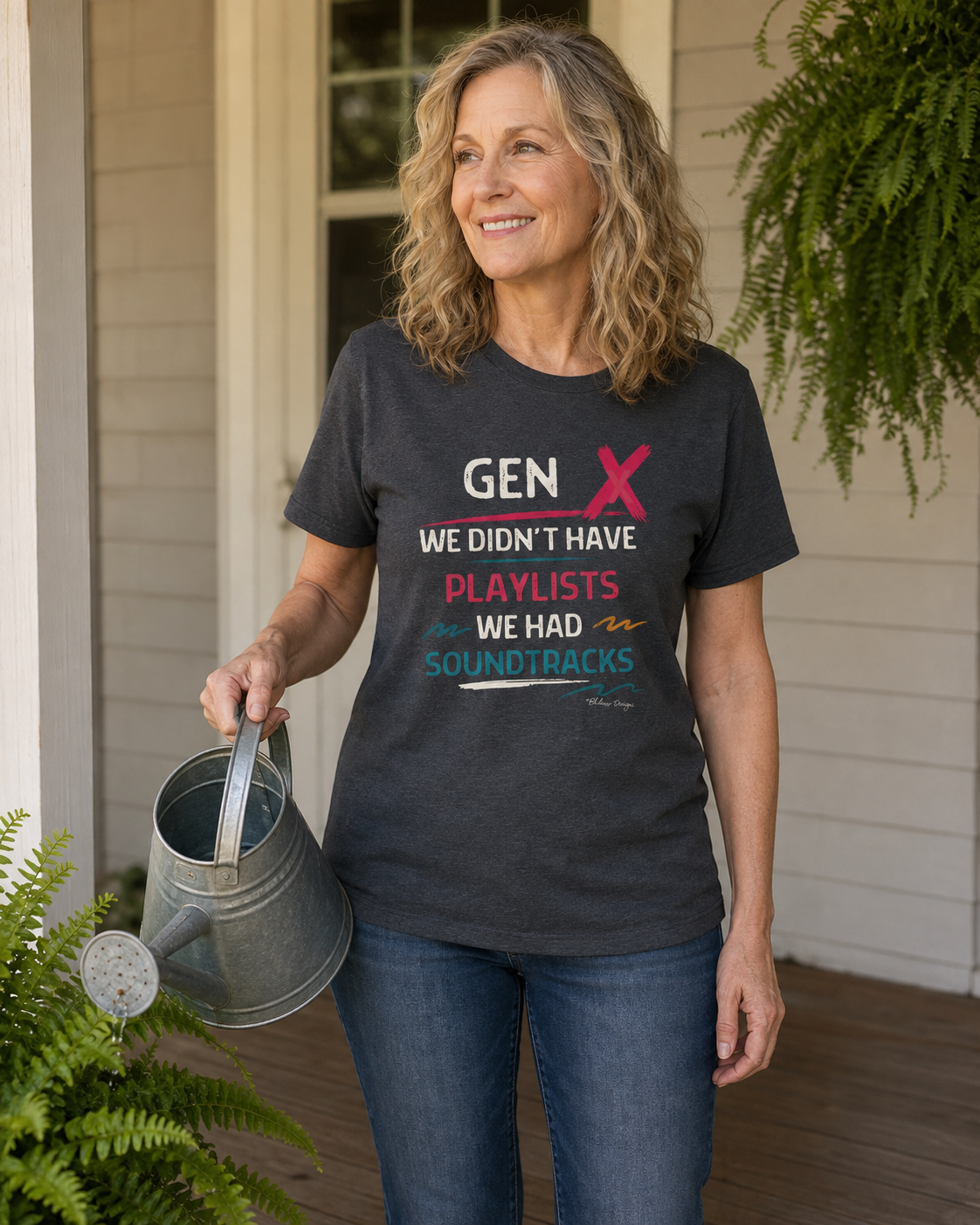 Adult wearing Gen X We Didn’t Have Playlists We Had Soundtracks retro music graphic tee