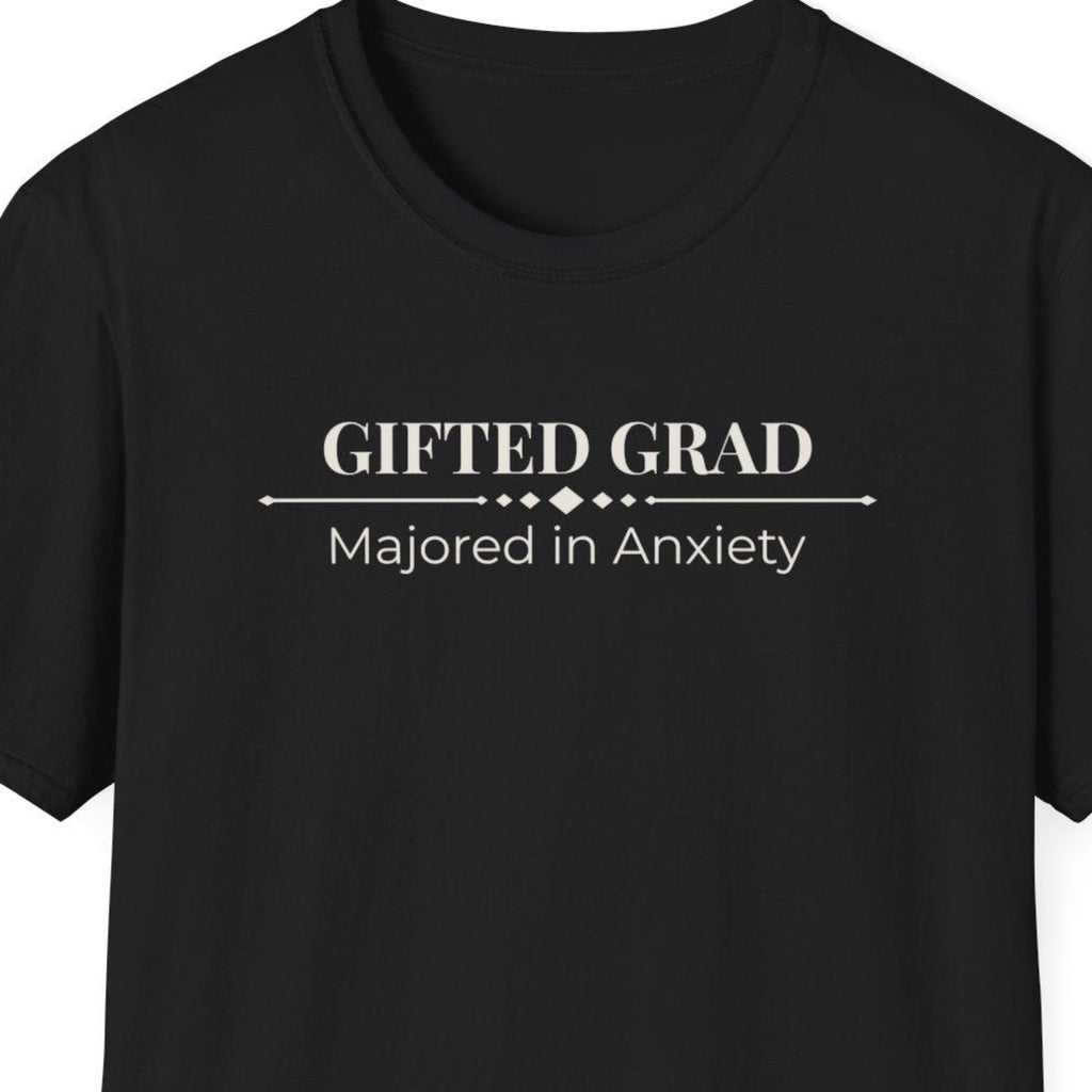 Close view of the Gifted Grad Majored in Anxiety design with academic inspired typography and decorative linework.