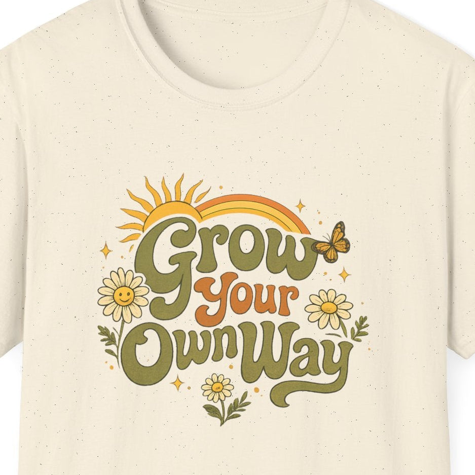 Close up of Grow Your Own Way retro daisy butterfly and sunshine shirt design