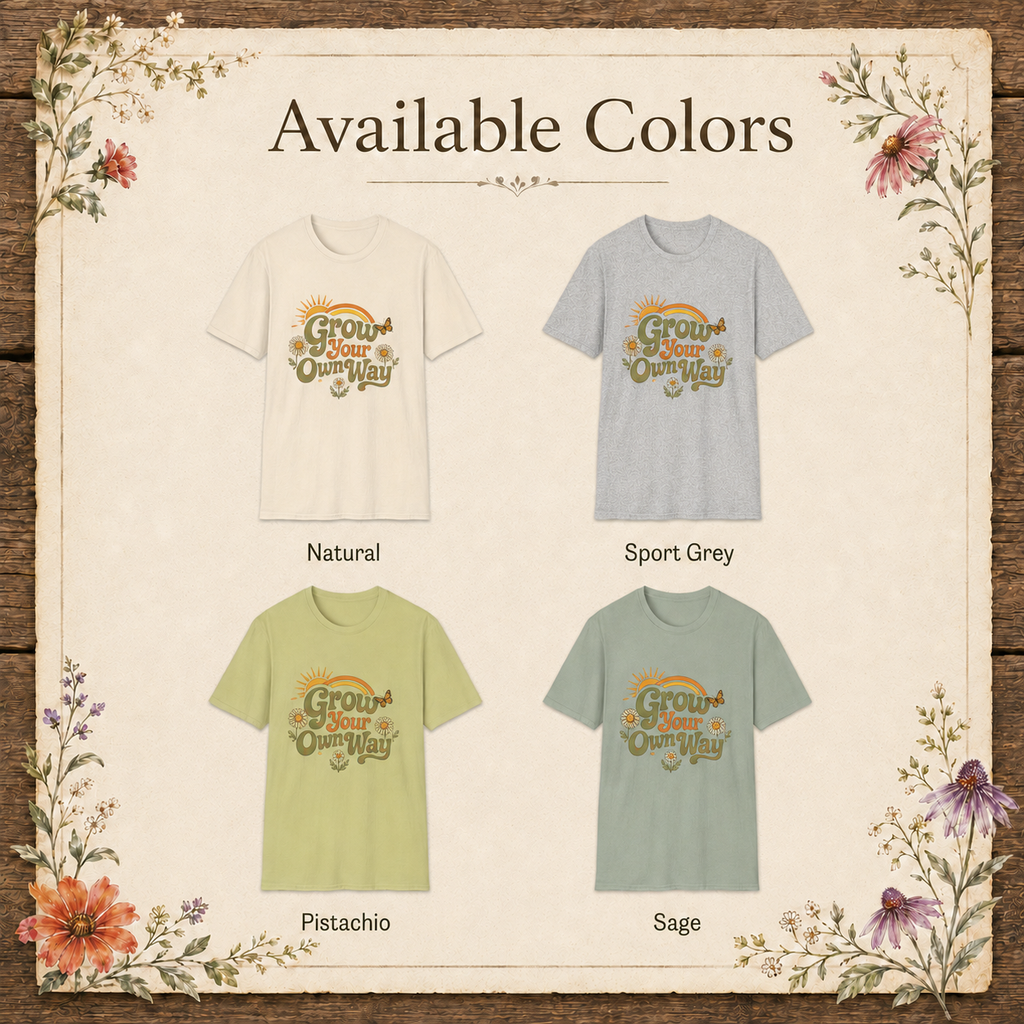 Available colors for Grow Your Own Way retro garden unisex graphic tee