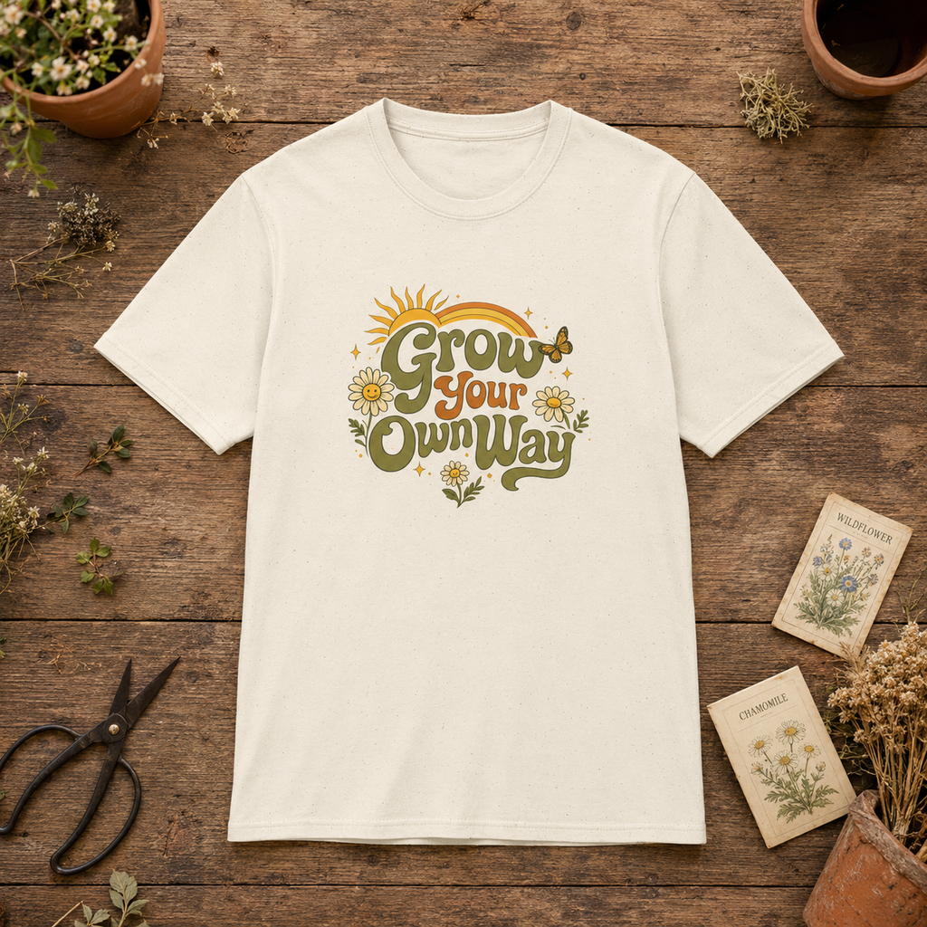 Grow Your Own Way retro garden unisex graphic tee flat lay
