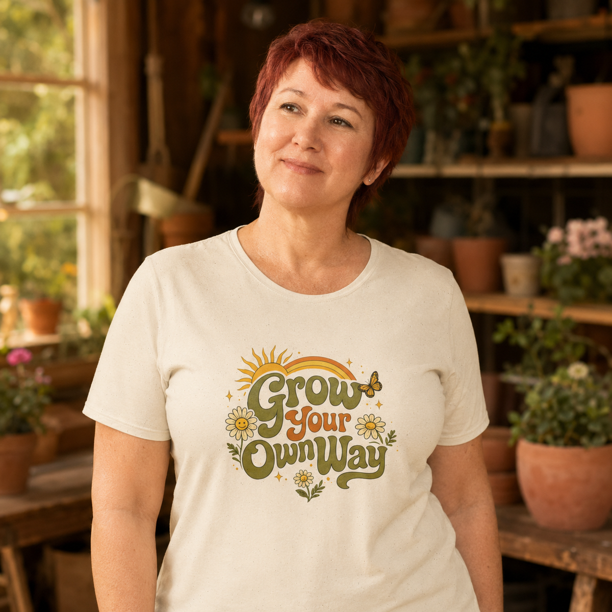 Woman wearing Grow Your Own Way retro floral garden graphic tee