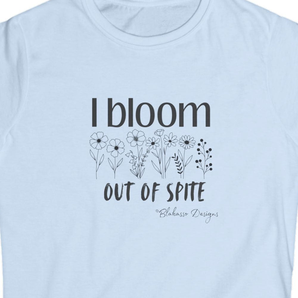 Close up of I Bloom Out of Spite floral line art shirt design
