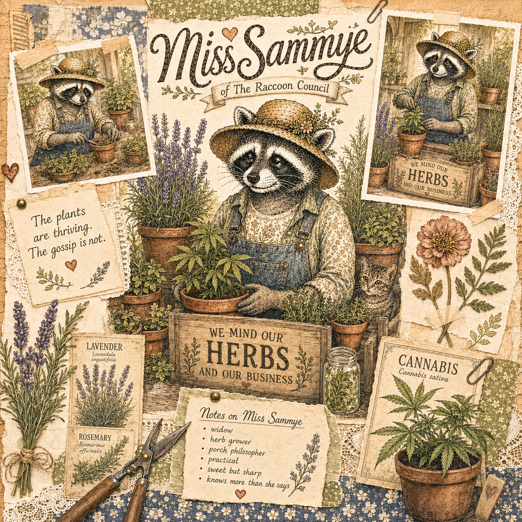 Vintage scrapbook character page introducing Miss Sammye of the Raccoon Council with herbs, garden notes, and her cat