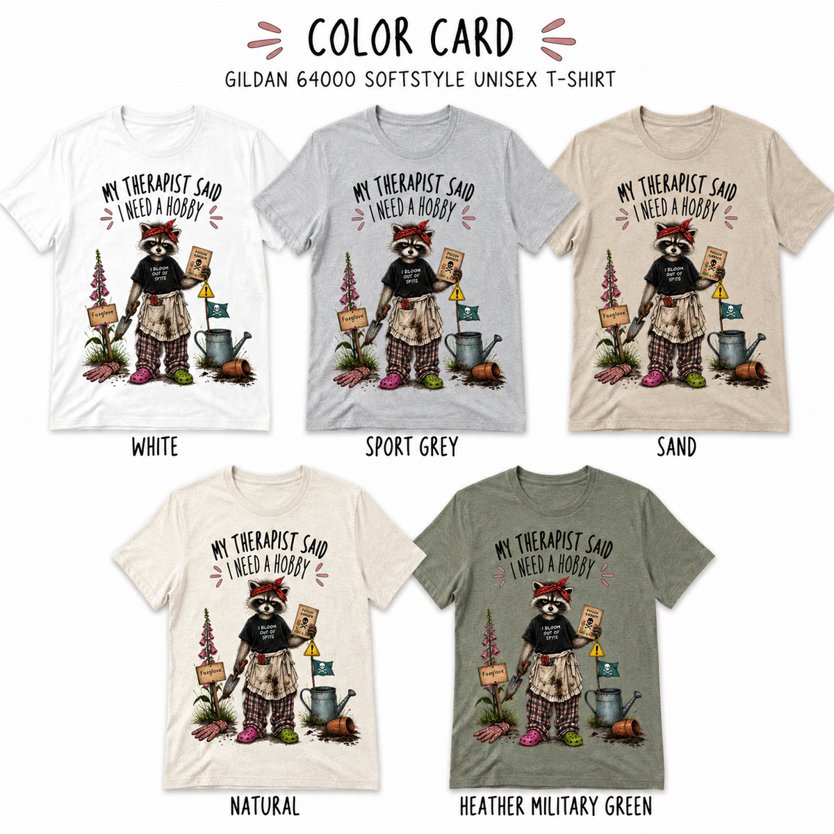 Color options for the raccoon garden T-shirt shown in Sand, Sport Grey, Natural, Sage, Light Blue, Stone Blue, and Paragon.