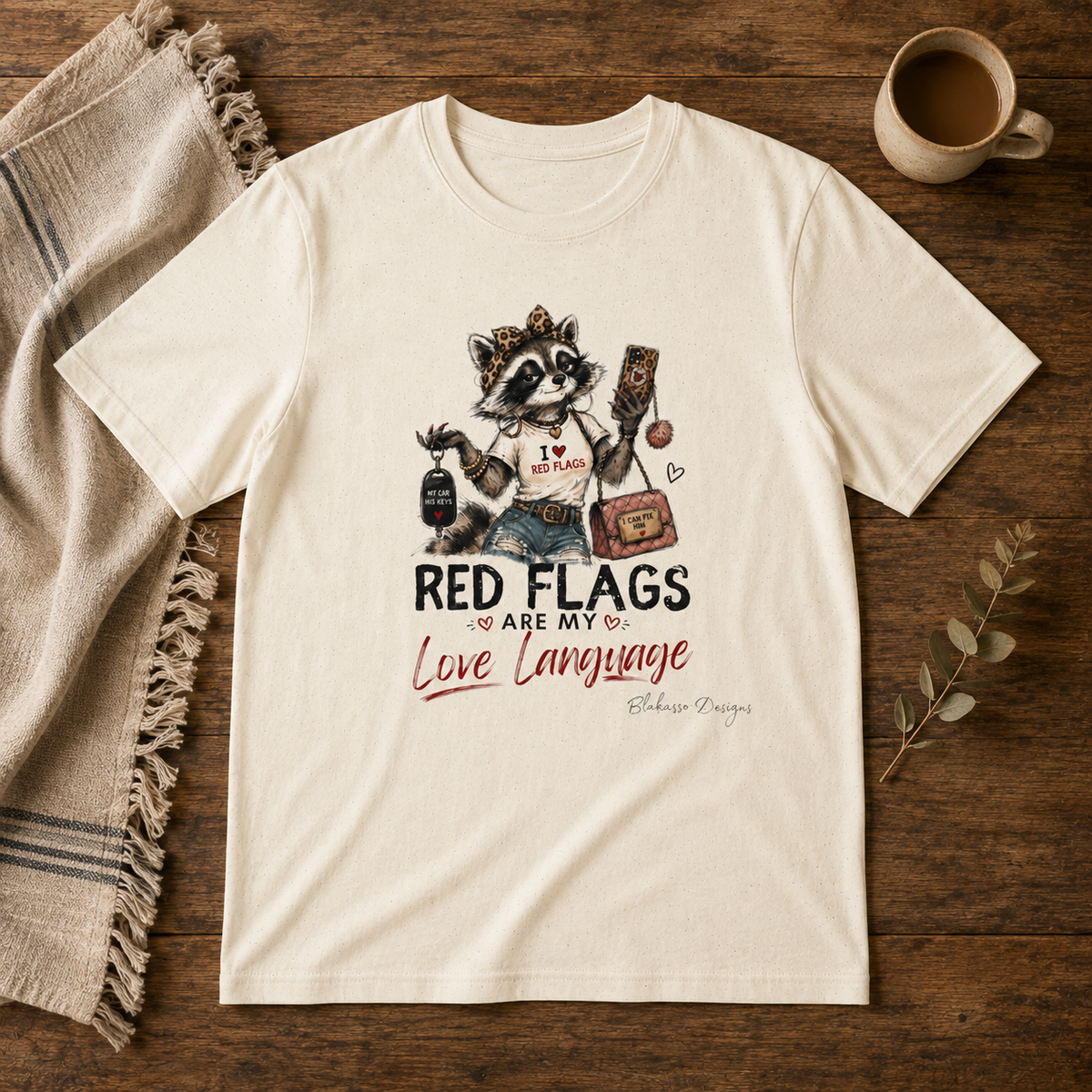 Red Flags Are My Love Language Brandi K. Raccoon Council graphic tee in Natural flat lay