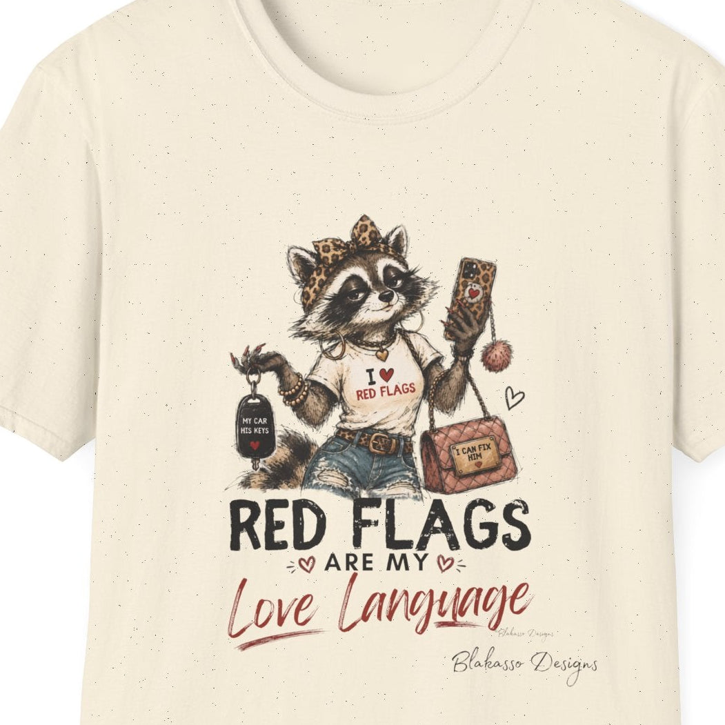 Close up of Brandi K. Red Flags Are My Love Language Raccoon Council shirt design