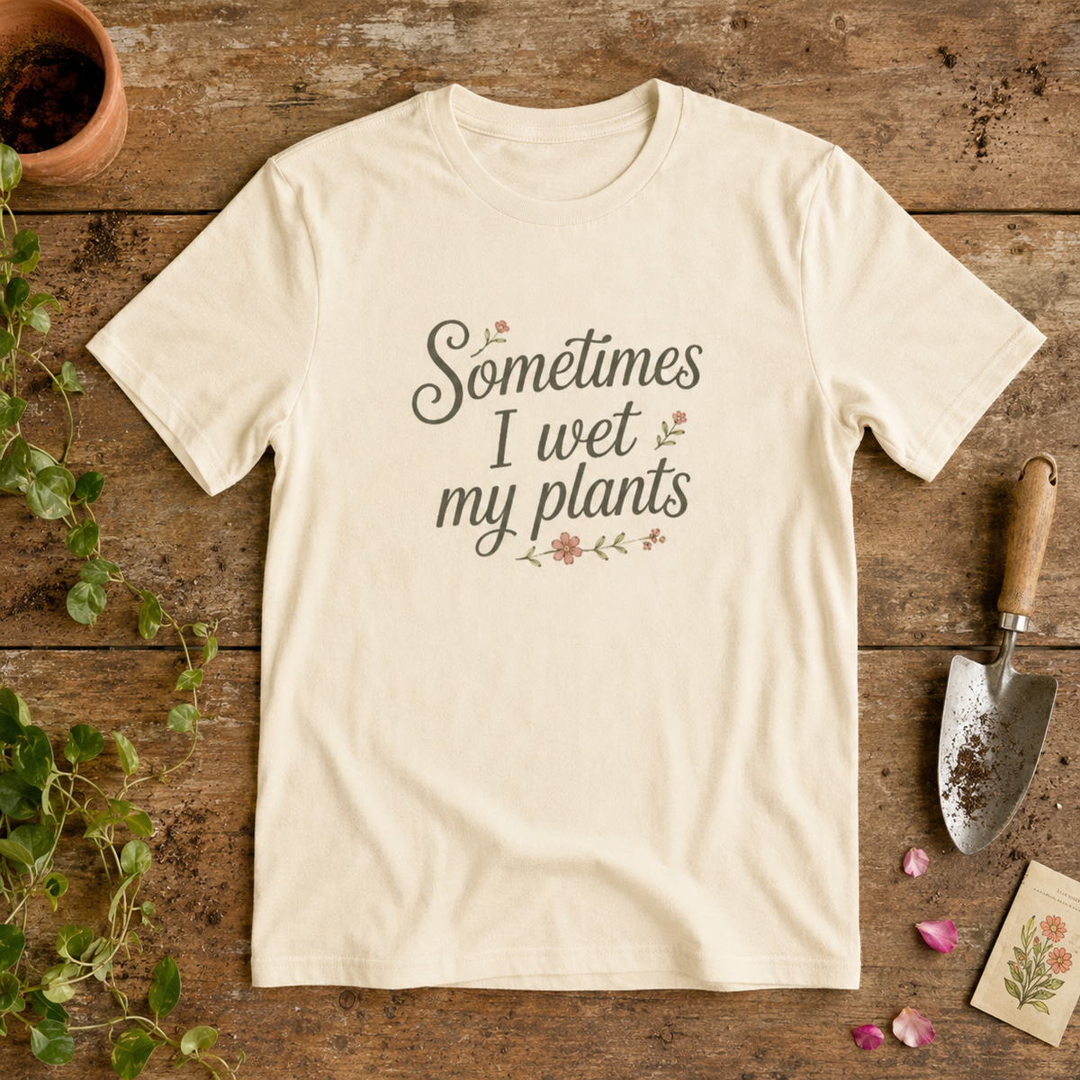 Sometimes I Wet My Plants garden humor unisex graphic tee flat lay
