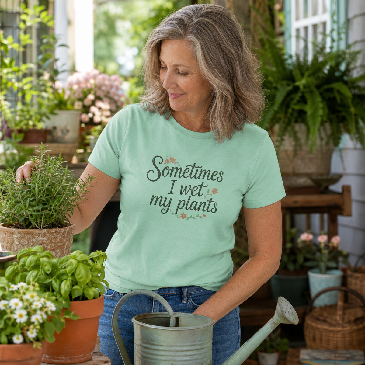 A woman wearing a mint green graphic t-shirt that reads 'Sometimes I wet my plants' with small floral accents, standing in a lush garden setting while holding a watering can.