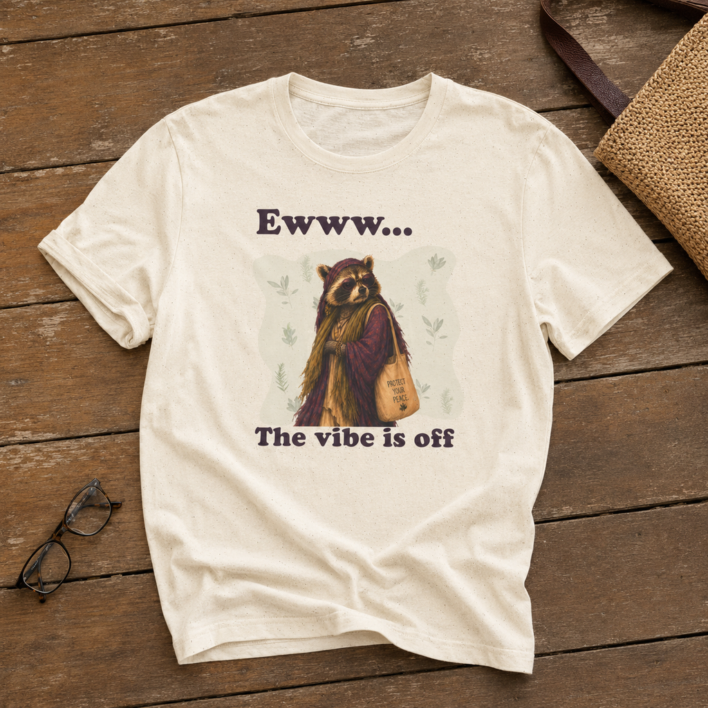 Natural unisex graphic tee featuring Diana the raccoon in sunglasses and a flowing scarf with the words “Ewww...The Vibe Is Off.”