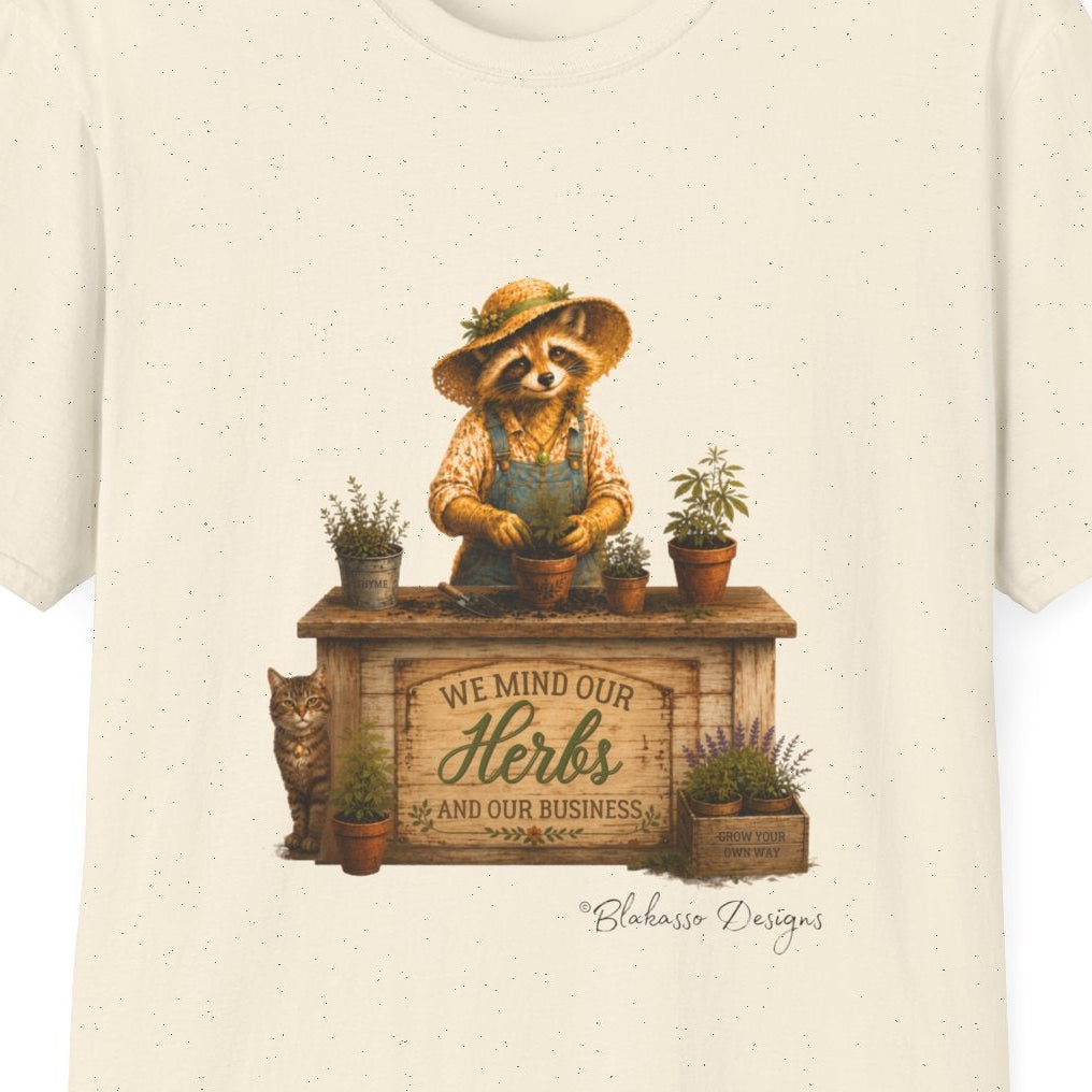 Close up of Miss Sammye tending herbs on We Mind Our Herbs and Our Business graphic tee