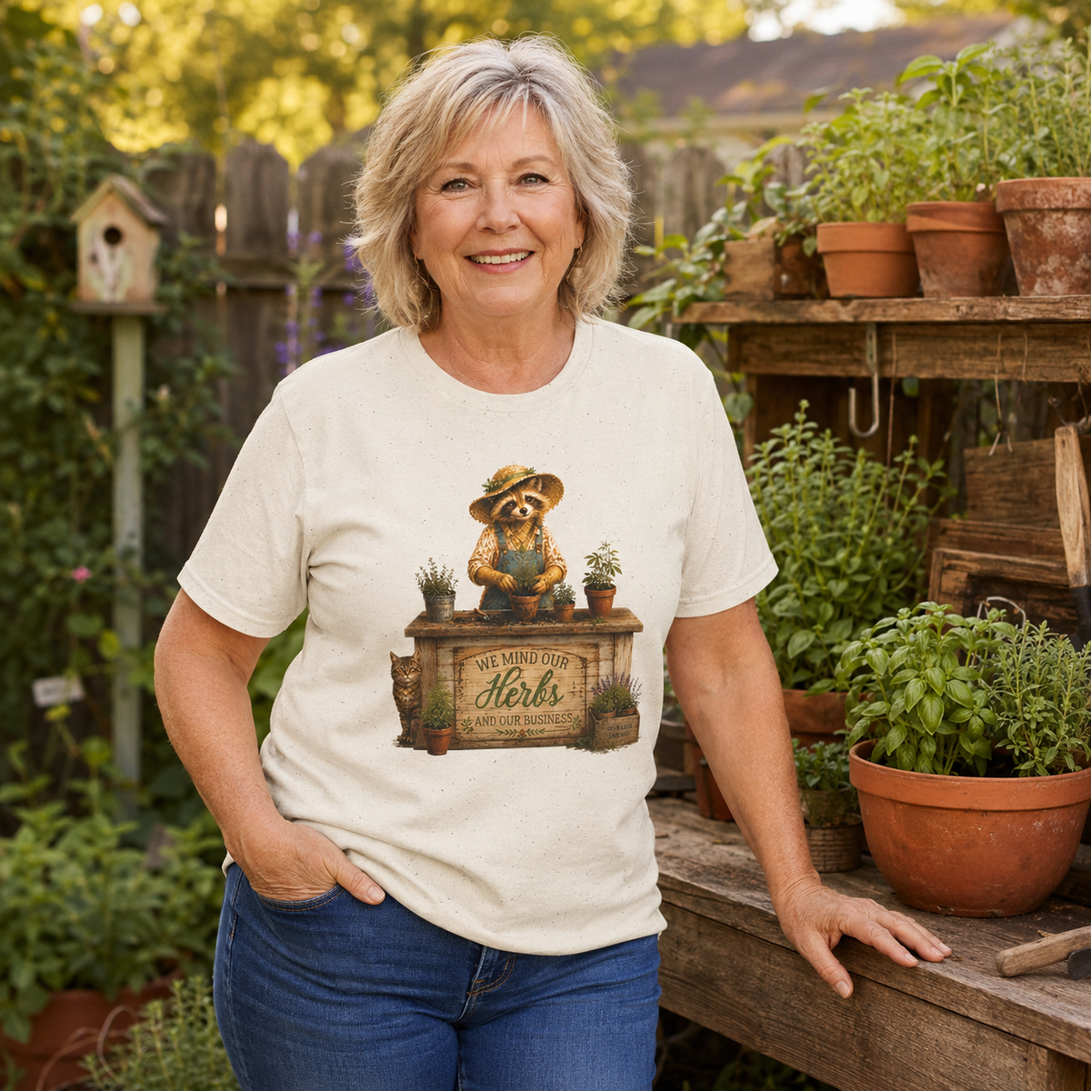 Woman wearing We Mind Our Herbs and Our Business Miss Sammye raccoon graphic tee
