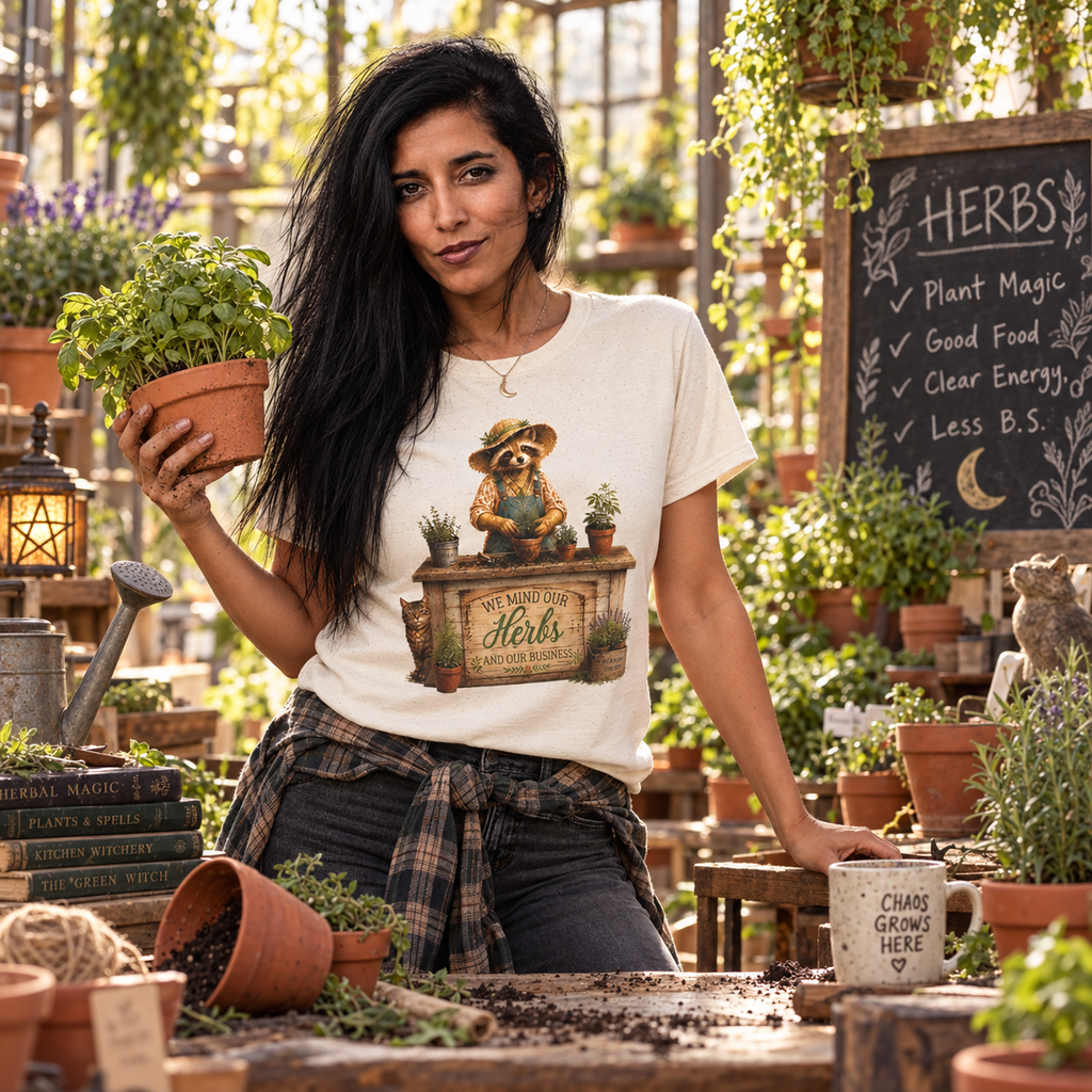 We Mind Our Herbs and Our Business garden witch shirt lifestyle image