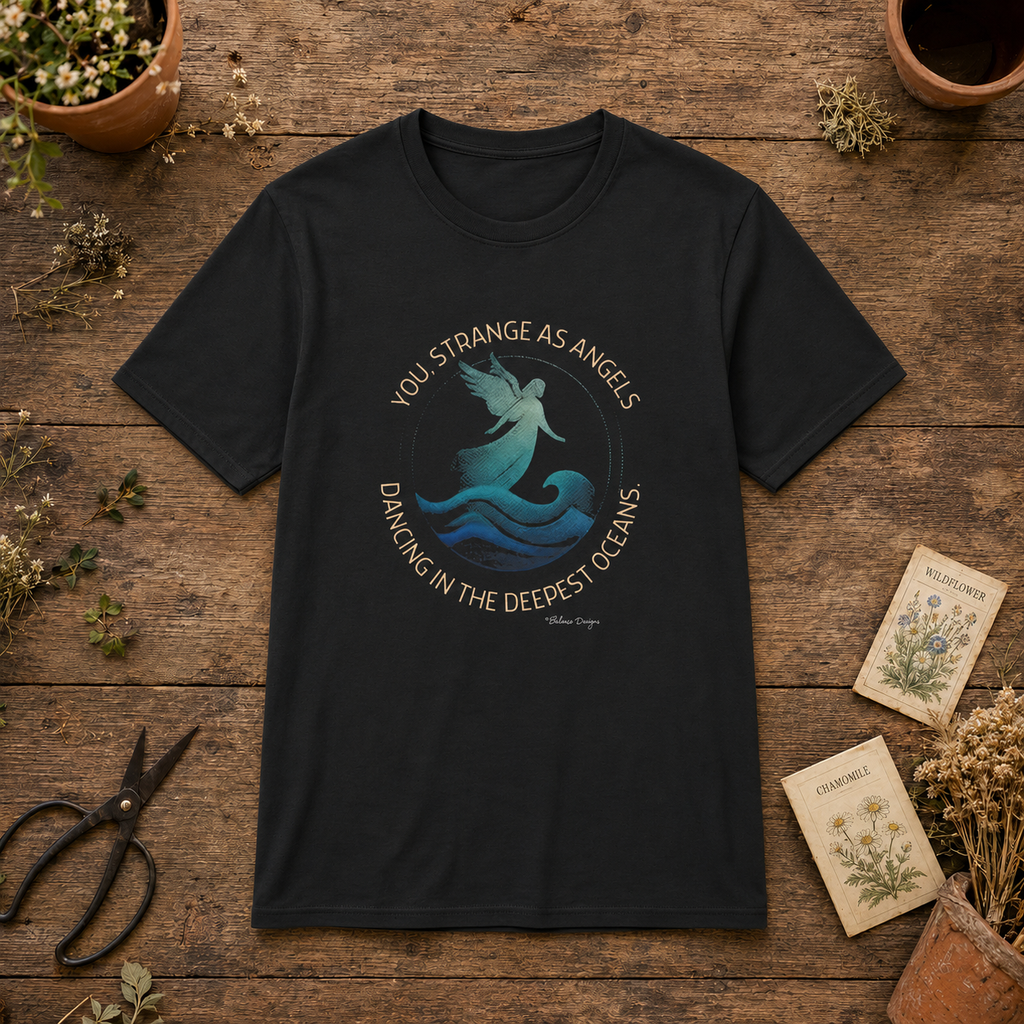 You Strange as Angels ocean angel unisex graphic tee flat lay