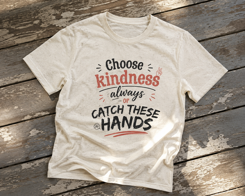 Natural unisex T-shirt laid on a weathered porch surface featuring the Choose Kindness Always or Catch These Hands text design.