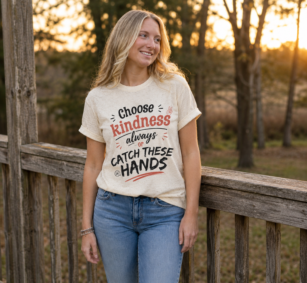 Blonde woman wearing a Natural Choose Kindness Always or Catch These Hands T-shirt outdoors beside a weathered wooden railing.