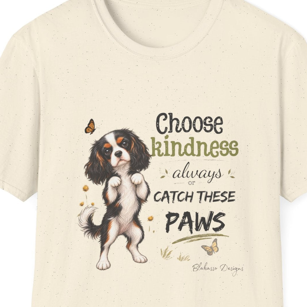 Close view of a tricolor Cavalier King Charles Spaniel design with flowers, butterflies, and the phrase Choose Kindness Always or Catch These Paws.