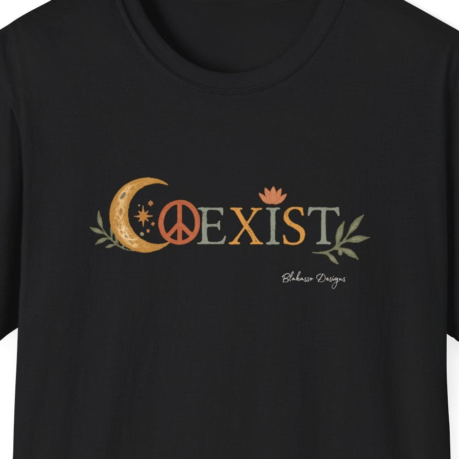 Close-up of COEXIST design featuring a crescent moon, peace sign, lotus, and distressed earthy botanical details.