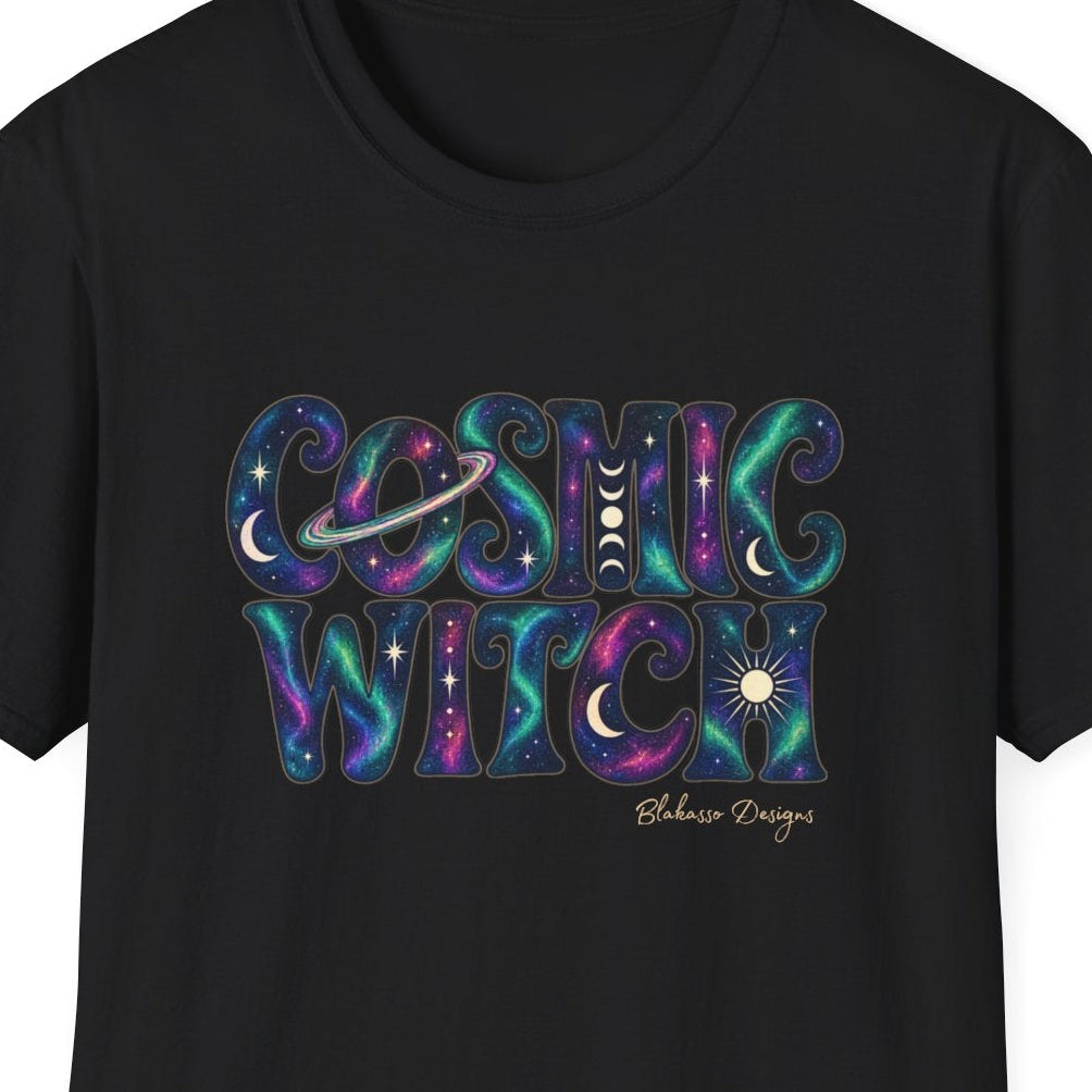Close view of the Cosmic Witch artwork with galaxy-filled lettering, moon phases, stars, ringed planet and sun details.