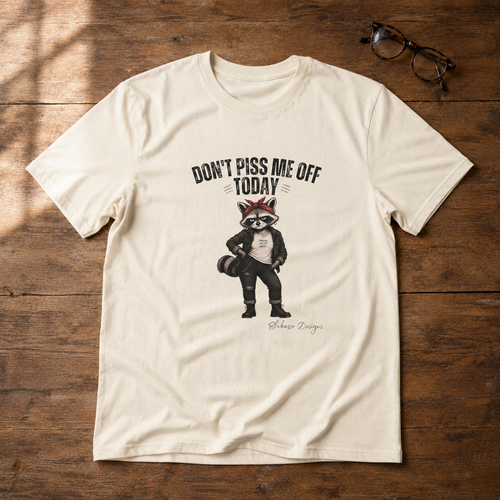 Women's Gildan Softstyle graphic tee featuring Maddelynn the raccoon wearing an "I Bloom Out of Spite" shirt beneath the phrase "Don't Piss Me Off Today."
