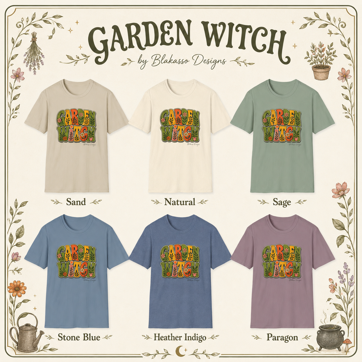 Color card showing Garden Witch available in Sand, Natural, Sage, Stone Blue, Heather Indigo, and Paragon.