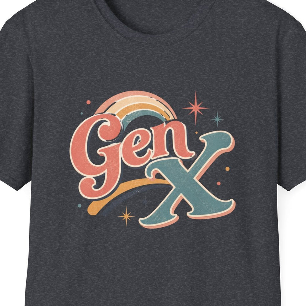 Close up of the weathered Gen X graphic featuring faded coral, teal, cream, and gold retro lettering with rainbow and starburst details.