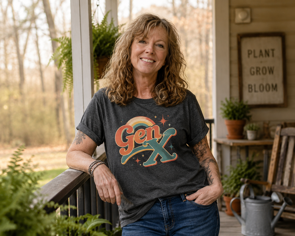 A smiling woman with curly hair stands on a porch wearing a dark charcoal heather graphic T-shirt with a colorful retro 'Gen X' design, paired with blue jeans. The background shows a cozy home porch with plants, a wooden chair, and a sign that reads 'PLANT GROW BLOOM'.