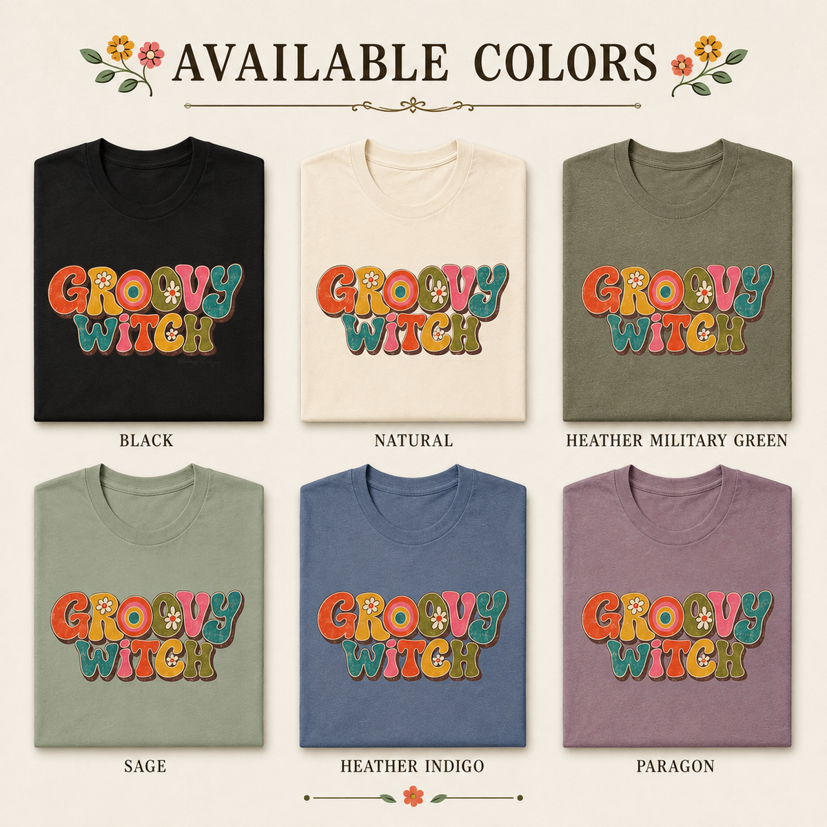 Color card showing the available shirt color options for the Groovy Witch T-shirt.