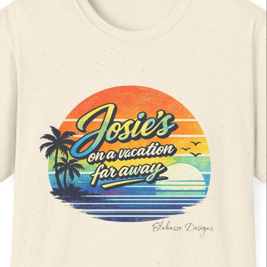 Close up of the “Josie’s on a Vacation Far Away” graphic featuring a weathered retro sunset, palm trees, birds, and ocean waves.