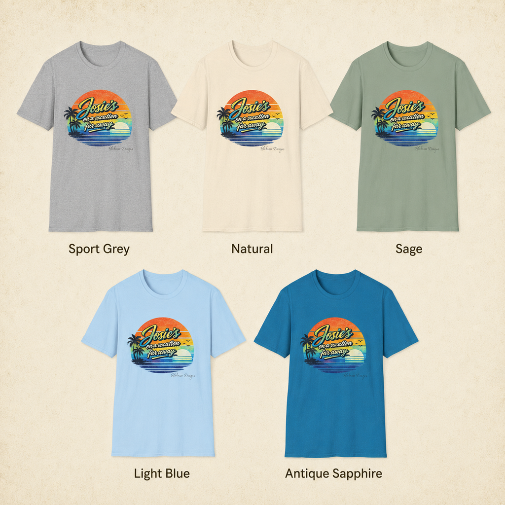 Available shirt colors for the “Josie’s on a Vacation Far Away” retro graphic tee by Blakasso Designs.