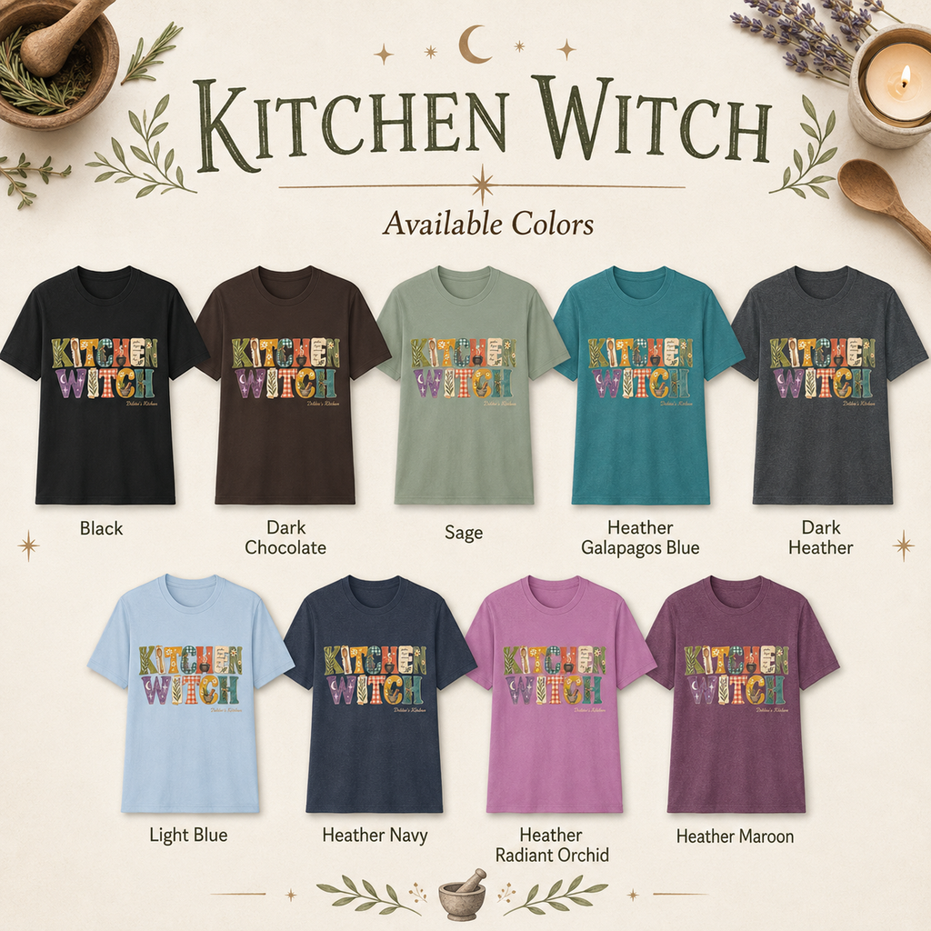 Kitchen Witch T-shirt color options including Black, Dark Chocolate, Sage, Heather Galapagos Blue, Dark Heather, Light Blue, Heather Navy, Heather Radiant Orchid, and Heather Maroon.