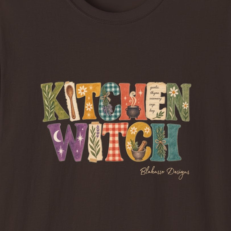 Close-up of the Kitchen Witch design with scrapbook style letters, herbs, gingham, recipe notes, a cauldron, wooden spoon, and mortar and pestle.