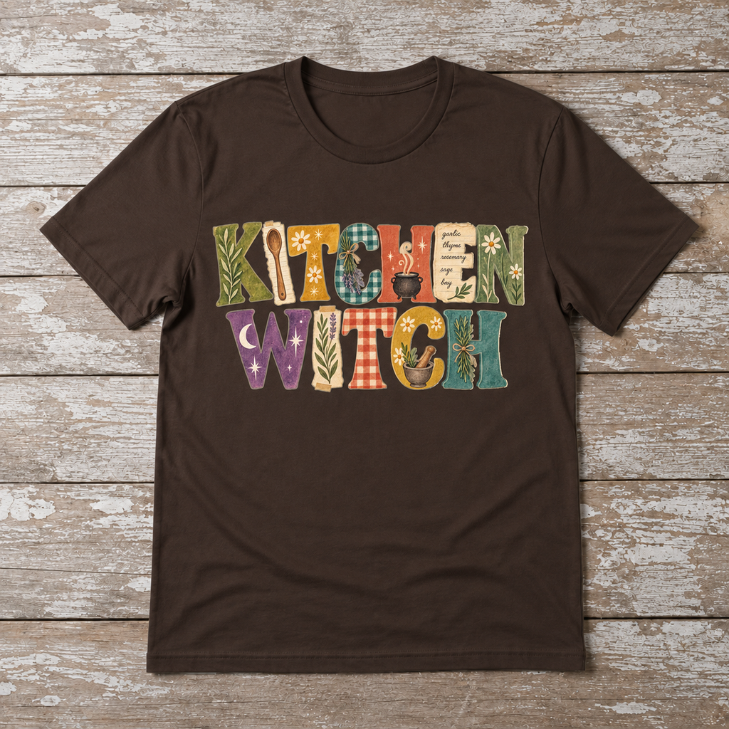 Dark Chocolate Kitchen Witch T-shirt displayed on a weathered wood surface with colorful scrapbook style lettering, herbs, recipe notes, gingham, and kitchen details.
