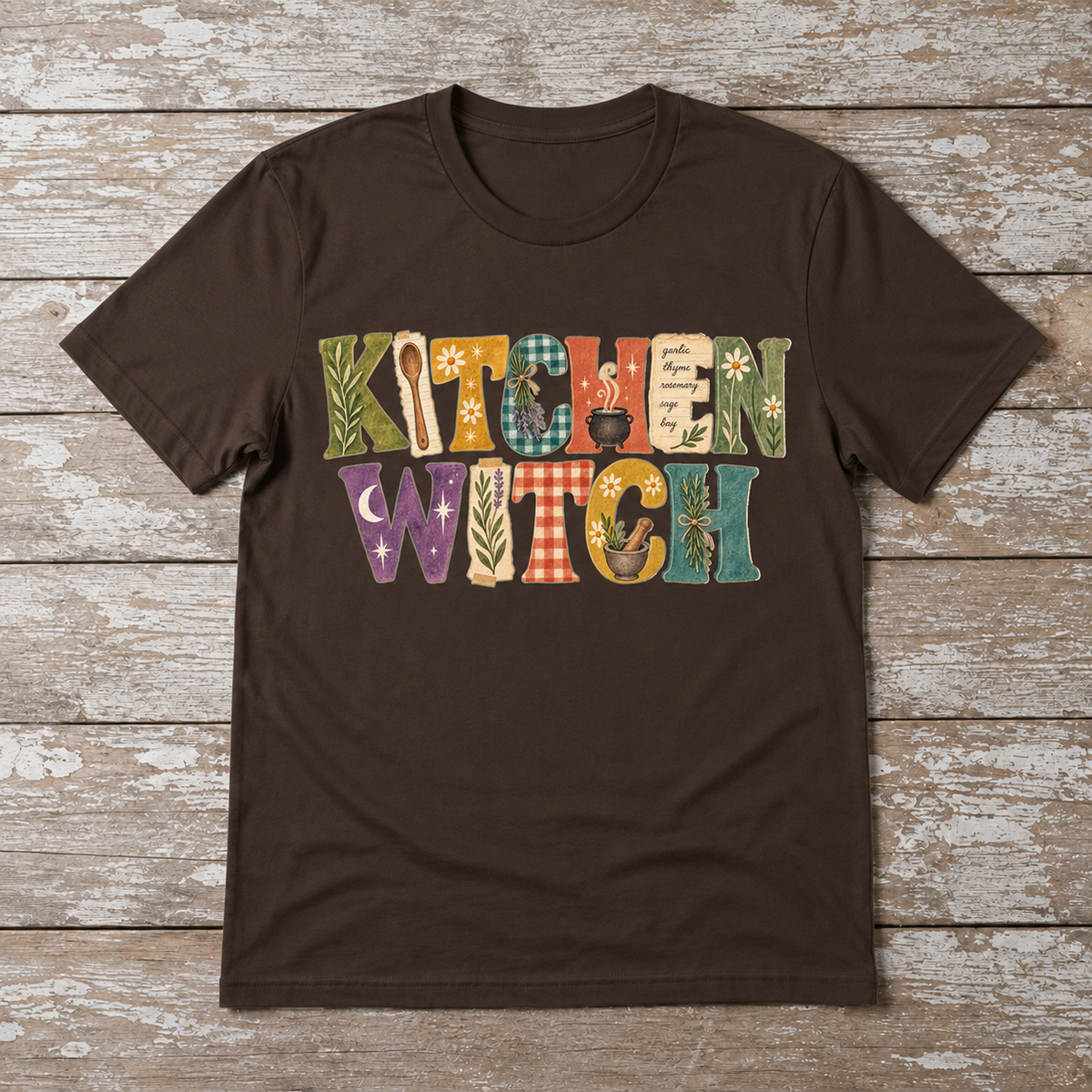 Dark Chocolate Kitchen Witch T-shirt displayed on a weathered wood surface with colorful scrapbook style lettering, herbs, recipe notes, gingham, and kitchen details.