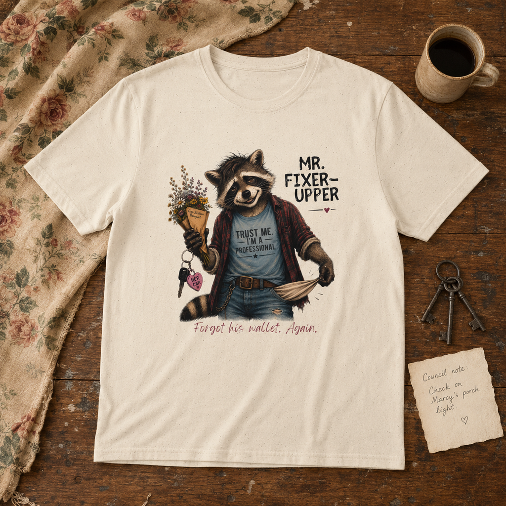 Natural Mr. Fixer Upper graphic tee featuring a raccoon with a gas station bouquet, her car keys, and empty pockets.