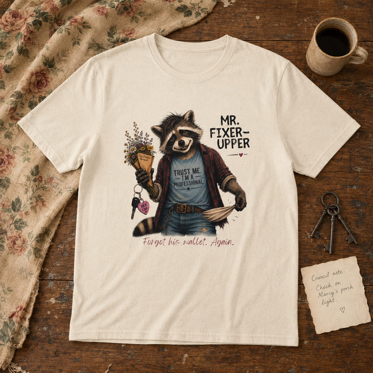 Natural Mr. Fixer Upper graphic tee featuring a raccoon with a gas station bouquet, her car keys, and empty pockets.