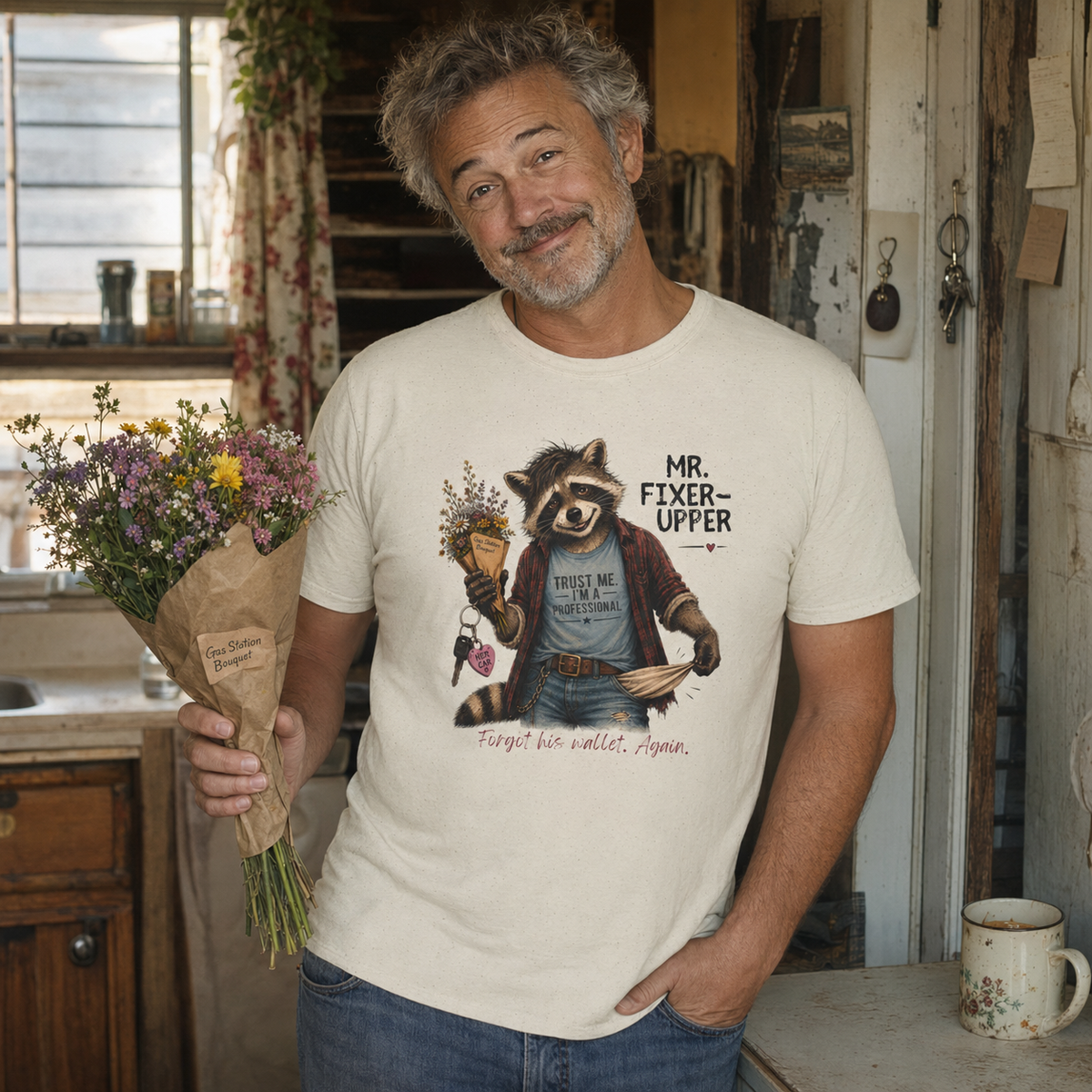 Lifestyle image featuring the Mr. Fixer Upper graphic tee with a raccoon carrying flowers and the words Forgot His Wallet Again.