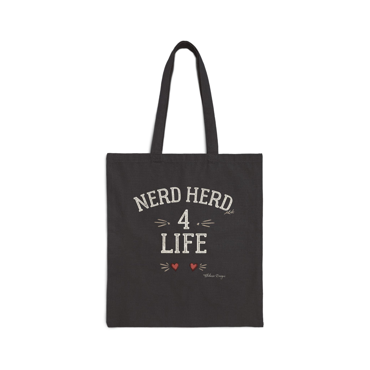 Black canvas tote featuring the light version of the vintage Nerd Herd 4 Life design with red heart details.